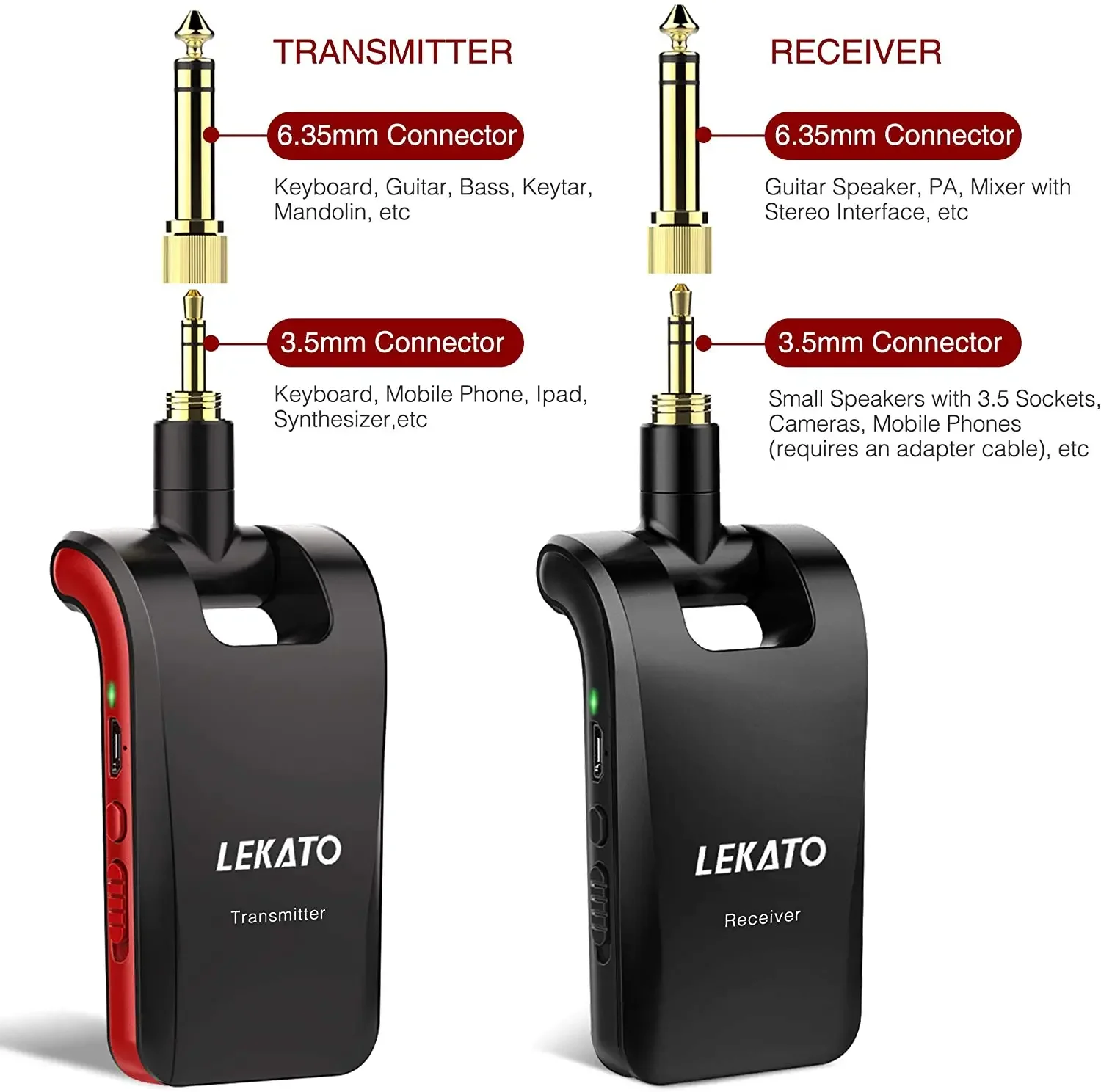 

Lekato Ws-60 2.4Ghz Wireless Guitar System Stereo Transmitter & 2-In-1 Receiver (Xlr/1/4") W/ 6 Channels, Zero Latency Stage Kit