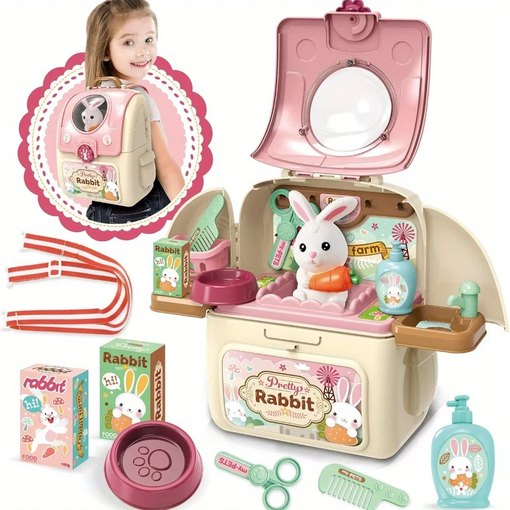 Pet Care Pretend Role Toys,Pet Bunny Carrier Backpack Toy Gifts,Bunny & Storage Backpack, Bunny Toys for Kids 3-6 Years Old