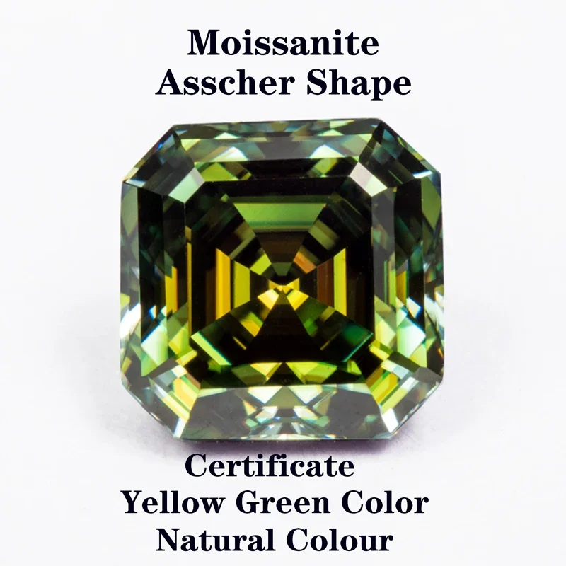 

Moissanite Stone Asscher Cut Natural Yellow Green Color VVS1 Advanced Charms Jewelry Rings Earrings Making with Certificate