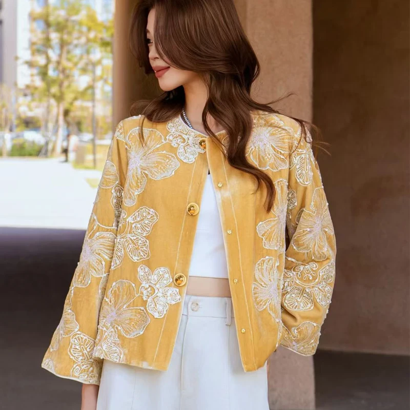 Early Spring New Round Neck Exquisite Beading Embroidered Velvet Burnt Fabric Elegant Wrist Sleeve Women's Jacket S-XL