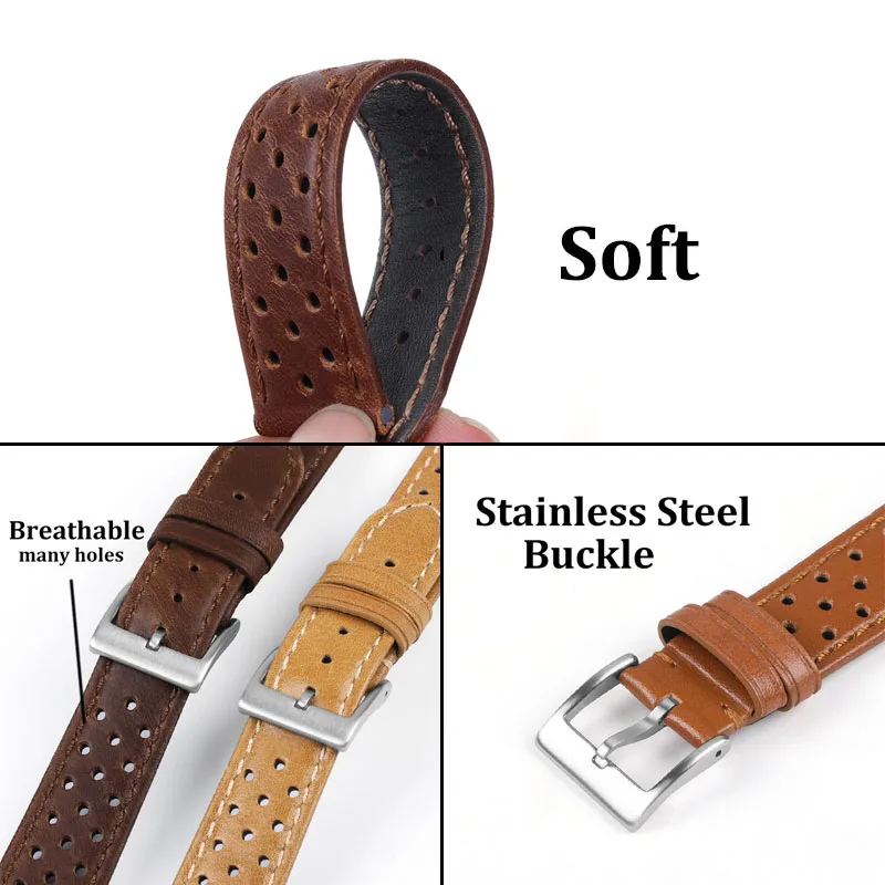 18mm 20mm 22mm Genuine Leather Watch Strap Breathable Handcrafted Cowhide Leather Belt Bracelet Universal Women Men Watch Band