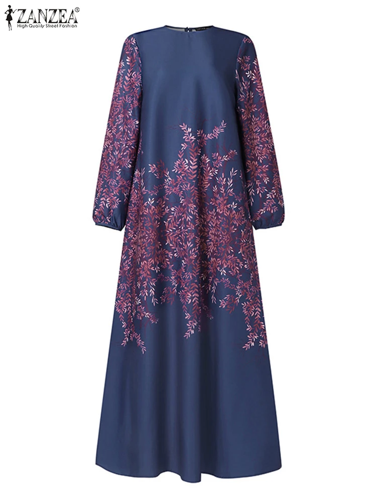 ZANZEA Women Muslim Fashion Printing Maxi Dress 2024 Autumn Long Sleeve Casual Loose Abaya Robes Islamic O Neck A-line Vestidos