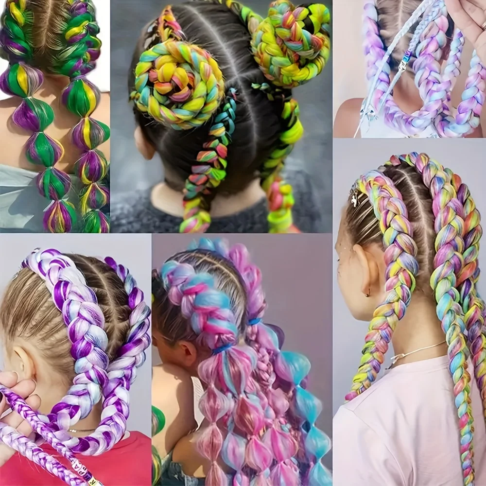 Extensiones de Cabello sintético trenzado Jumbo ombré para niños, trenzas trenzadas de ganchillo arcoíris Y2K, 24 pulgadas, accesorios para el cabello de cosplay