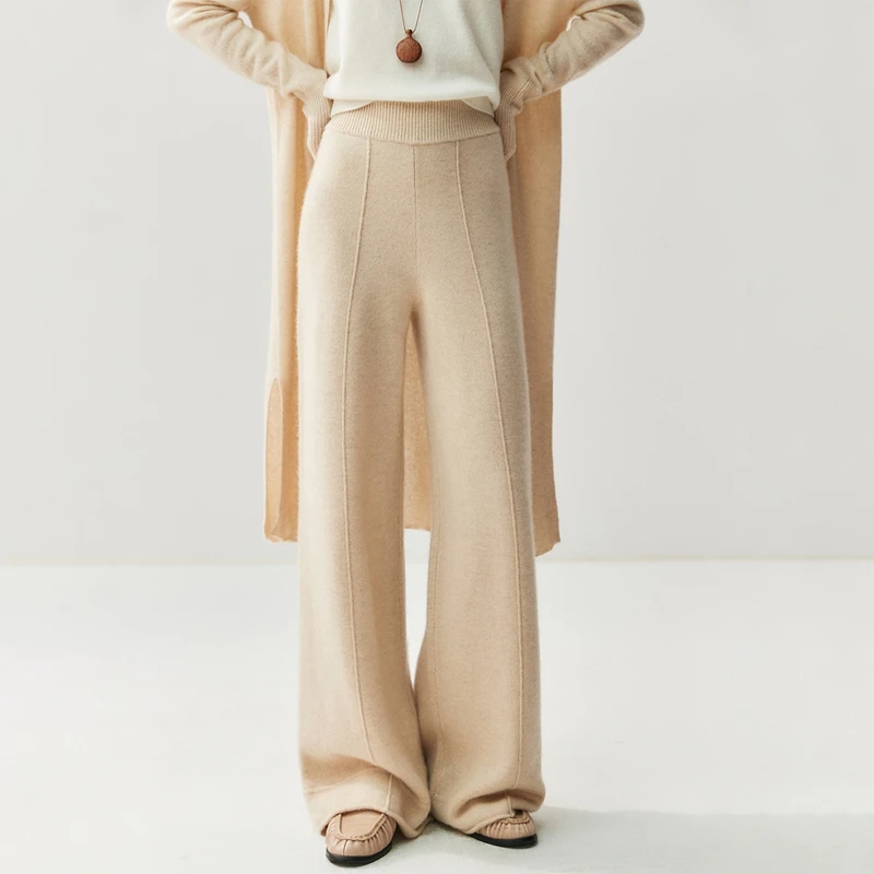 New Autumn Winter Women 100% Cashmere Trousers Fashion Elastic Waist Woman Cashmere Wide Leg Pants Casual Soft Warm Trousers