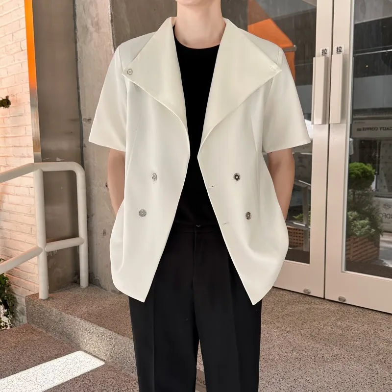KIDWHXR Summer Men Suit Coat Simple Solid Color Lapel Male Blazer Thin Breathable Double-breasted Short Sleeve Man Outerwear