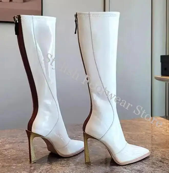 Sexy Rückenstreifen-Patchwork-Stiefel mit dünnem hohem Absatz, schwarz-weiß, spitzer Zehenbereich, schlanke Damen-Reißverschlussstiefel, modische Ritterstiefel