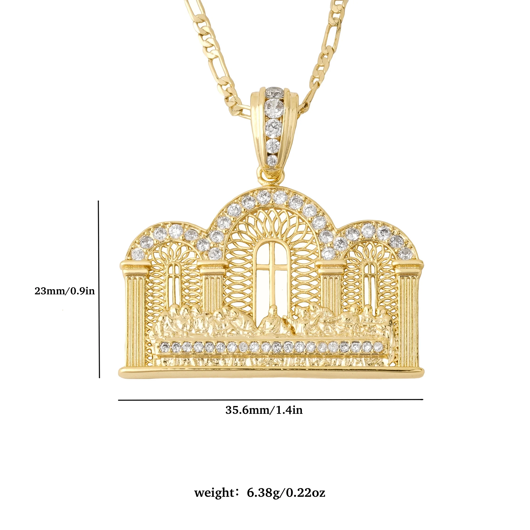 LUYIN Well-Chose Last Supper Shape Design Medal Figaro Necklace Copper Inlaid Zirconia 14K Golden Color Plating For Feast Day Re