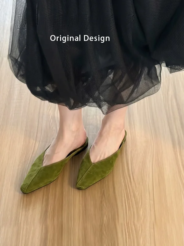 

Elegant Green Leather Women's Shoes round Toe Slip-On Anti-Slip Inner Heightening Casual Fashion Flat Footwear Spring Summer