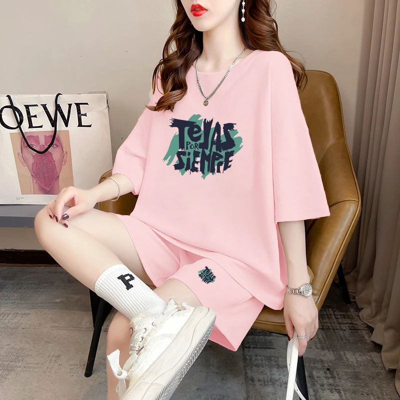 

plus Size Casual Sportswear Set Women Summer Clothes Letter Print Loose Wide Leg Shorts Two Piece Set Fashionable plus Size