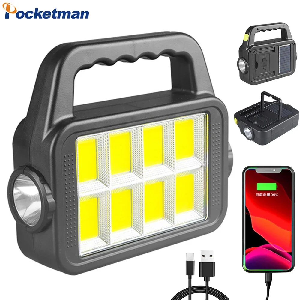 Solar Charging COB LED Work Light, Power Bank Floodlight, Holofote, USB Recarregável, Camping Lanterna, Lanterna, 7 Modos