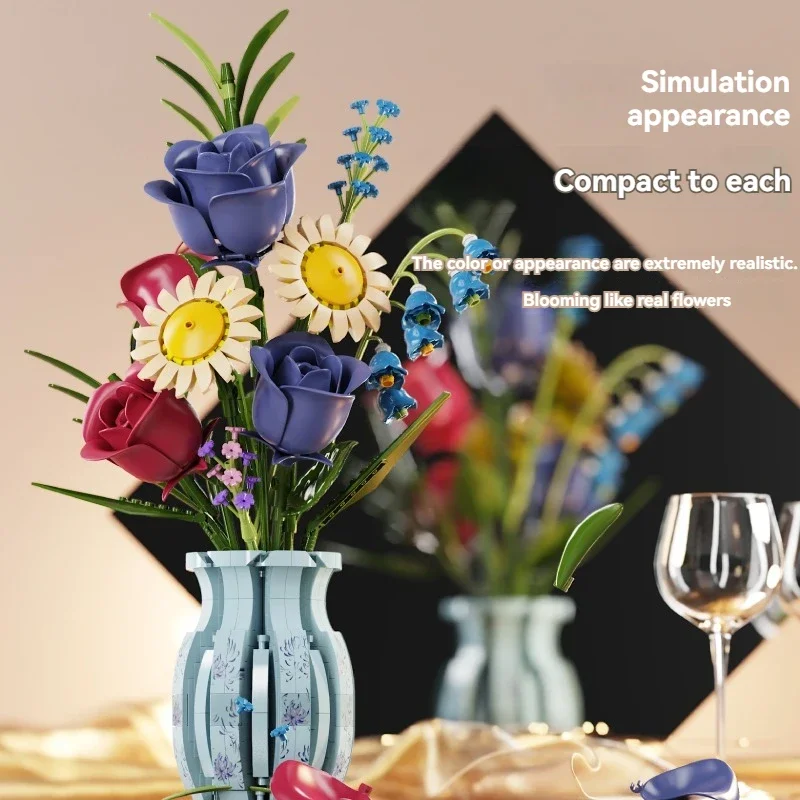

787 PCS NEW Creative Puzzle Bricks Assembled Autumn Rose Flower Vase Building Block Set Children Collection Toy Boys & Girls