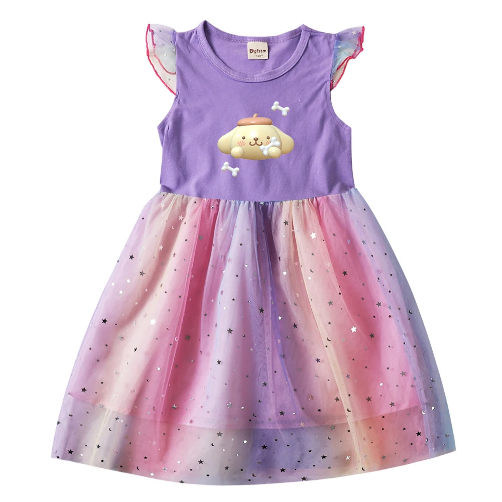 Pompompurin Summer Kids Dresses for Girls Cartoon Short Sleeve Princess Dress Children's Prom Mesh Dresses