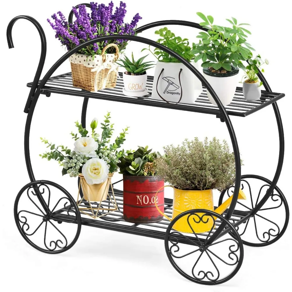 

Garden Cart Metal Plant Stand with 4 Decorative Wheels, Succulent Collection Flower Pot Holder Display Shelf for Home Patio Gar