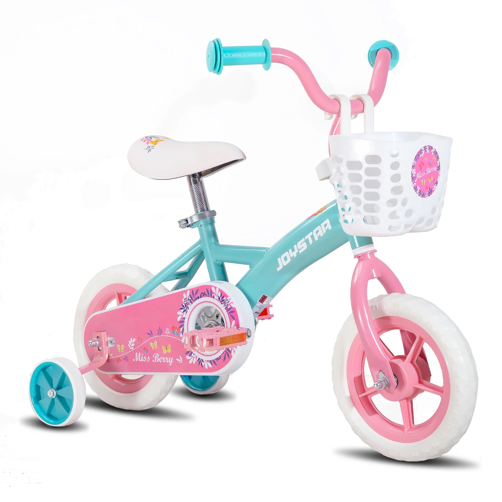 JOYSTAR 10/12 Zoll Kinderfahrrad für Jungen und Mädchen im Alter von 1–4 Jahren, Kleinkindfahrrad mit Stützrädern, Korb, abnehmbarer Druckgriff