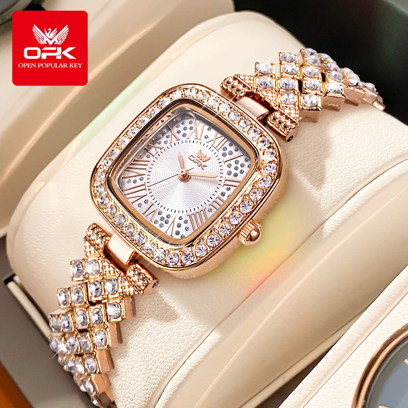 OPK 6048 Full Diamond Quartz Watches for Women Elegant Fashion Rose Gold Steel Strap Waterproof Luxury Ladies Dress Wristwatches