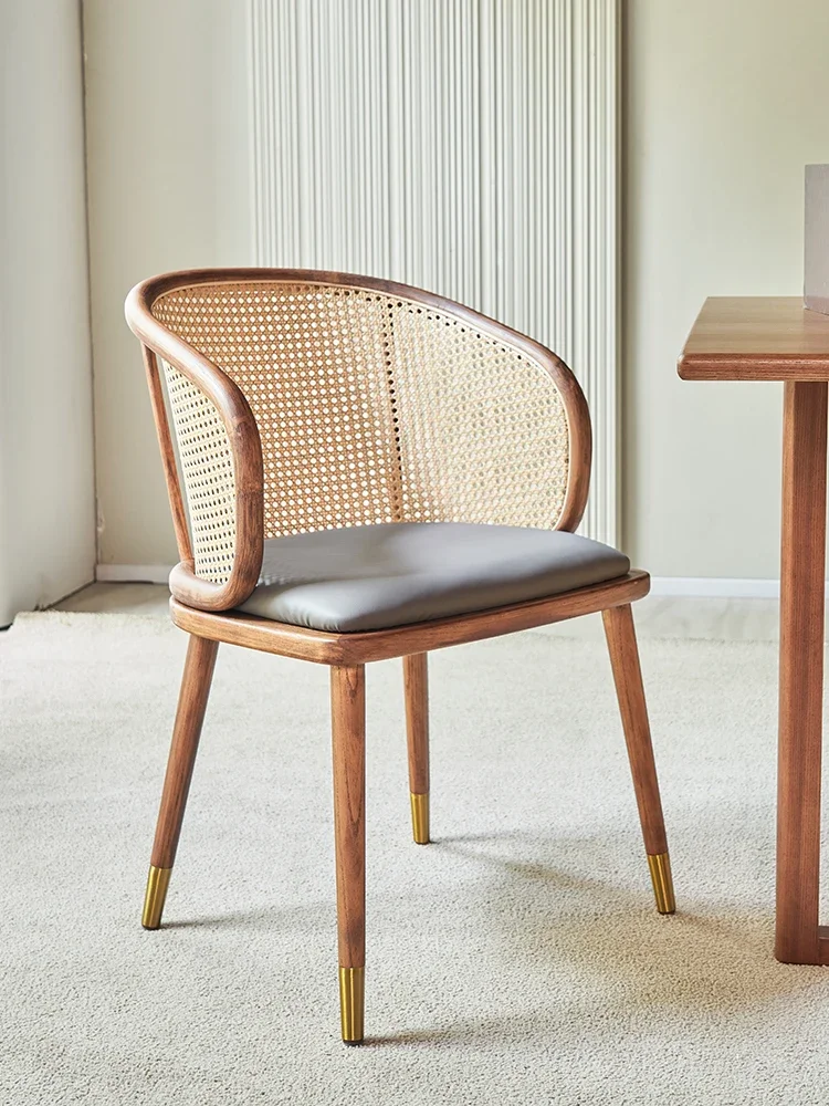 Vine woven solid wood dining chairs, home backrest chairs, Nordic light luxury and minimalist restaurants