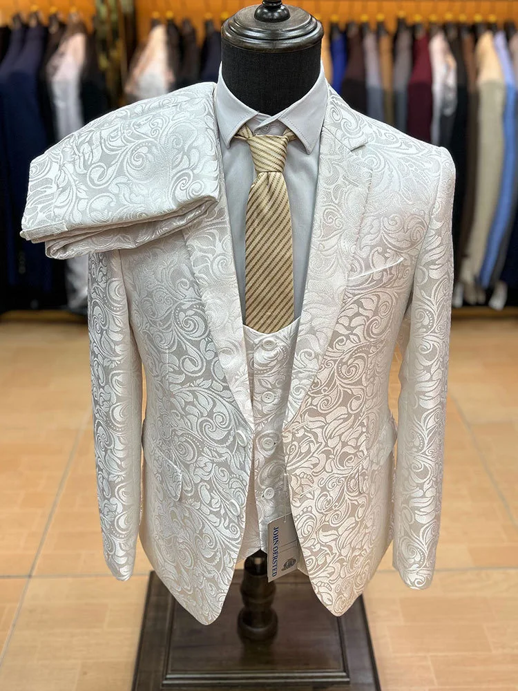 Fashion Jacquard Elegant Men's 3 Piece Suit Set Wedding Groom Tuxedo Jacket Pants Vest Formal Banquet Party Dress Male Prom Suit