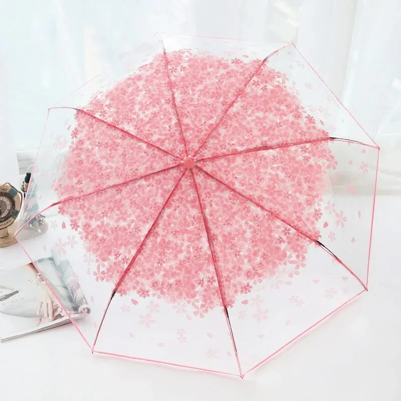 Sakura Transparent Umbrella Three-Fold Windproof Rainproof Korean Cute Mini Simple Folding Umbrella