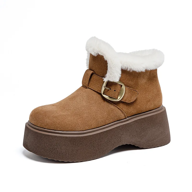 

Fujin 7cm Heel Platform Boots for Women Winter Shoes Warm Plush Ankle Boots Snow Genuine Leather Suede Comfortable Non Slip