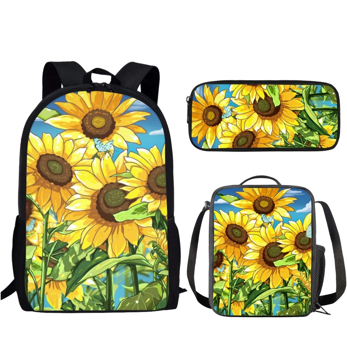 

3Pcs Sunflower Pattern School Bag Set Large Capacity Backpack =Girls Boys Teenager Student Book Bag with Lunch Bag Pencil Bag