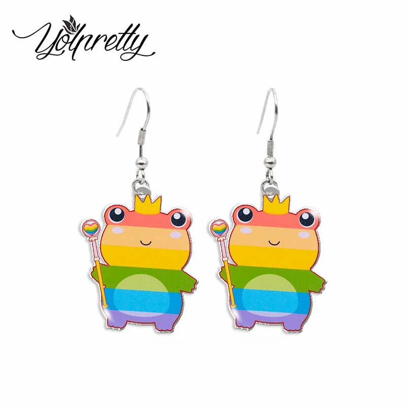 2023 New Arrival Cute Lesbian Rainbow Frog with Flag Pride Proud Handcraft Acrylic Epoxy Fish Hook Dangles Earrings