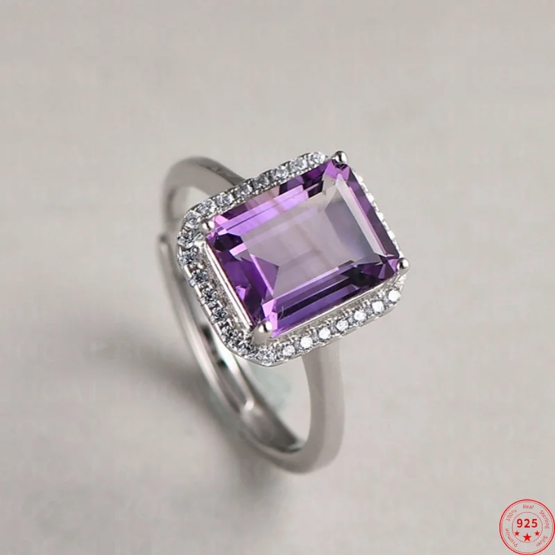 S925 Sterling Silver Charms Rings for Women Men New Fashion Argentum Edge Simply Square Natural Amethyst Micro Zircon Jewelry