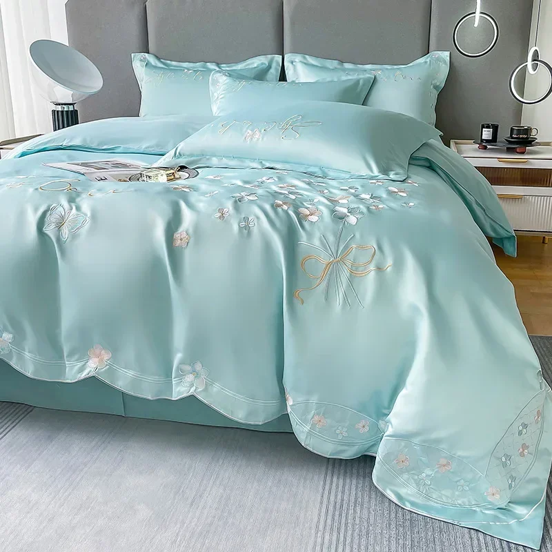 Fresh 120 Cotton Four-Piece Set Girl's Heart Butterfly Embroidered Cotton Quilt Cover Fitted Sheet Bare Sleeping Bedding