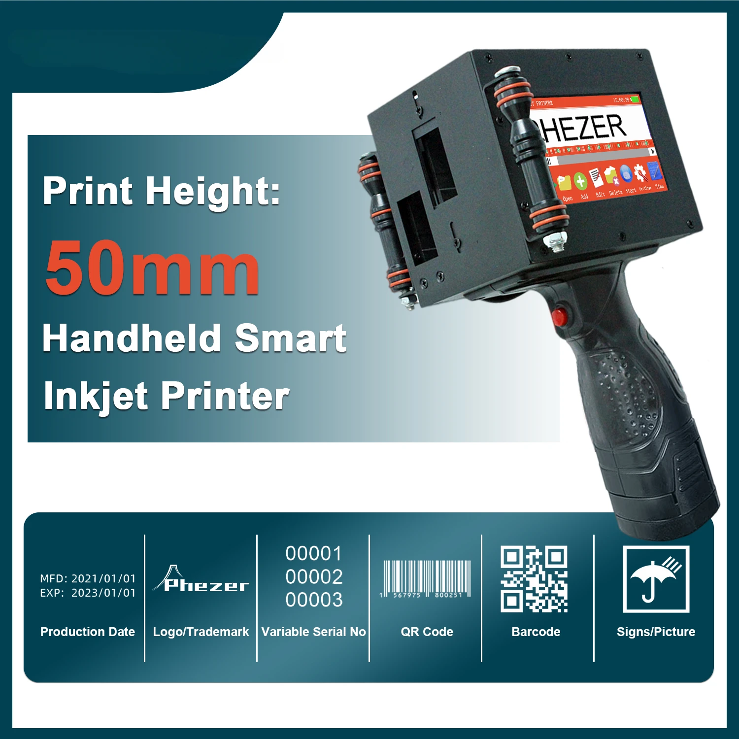 50mm Label Printer P50 QR Bar Batch Code Date Number Logo Expiry Date Handheld Inkjet Printer 25 Languages Portable