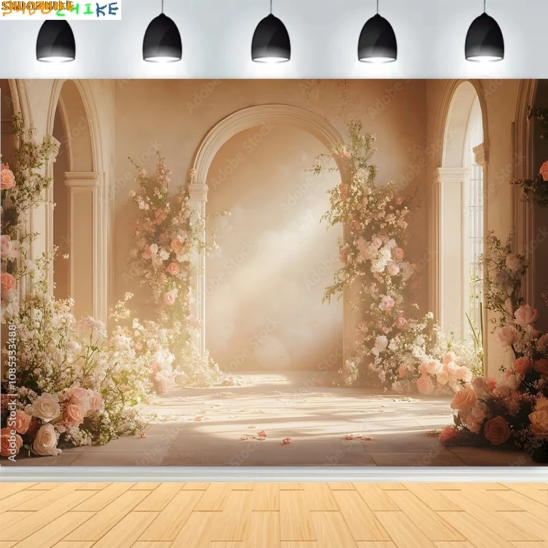 

Grand White Floral Archway Photography Backdrops Church Luxurious Wedding White Room With Flowers Window Photo Background HL-05