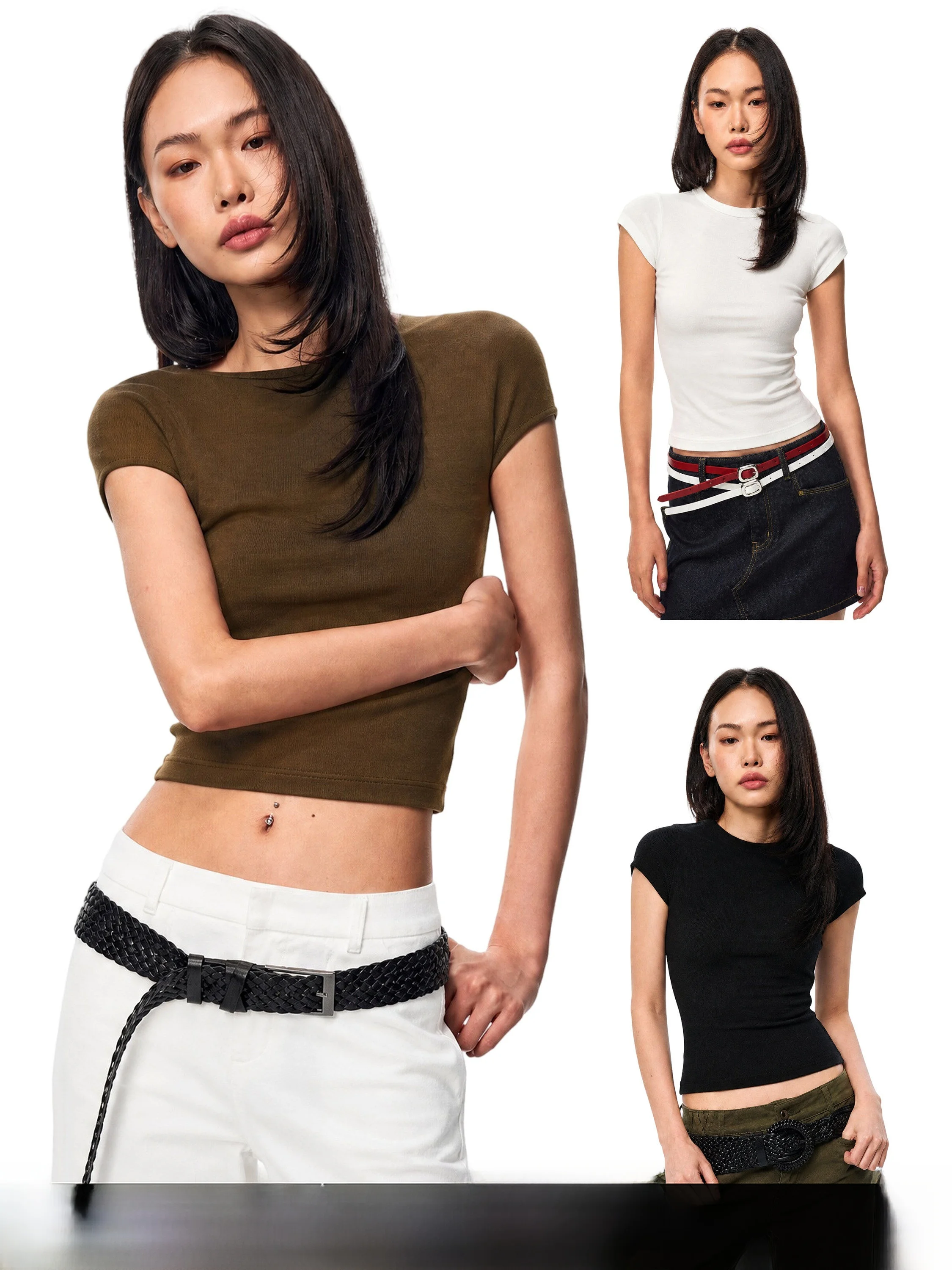 Gogo Burn American Style Basic Brown Short Sleeve Women's T-shirt Slim Fit Elastic Summer New Style Casual Leisure Wear