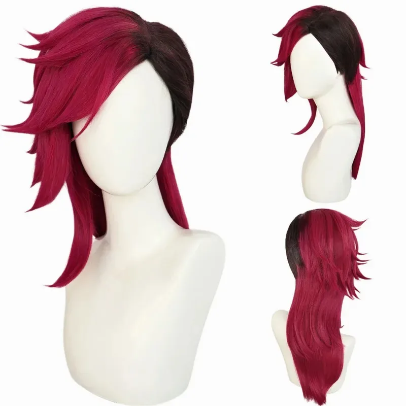 qa156The Piltover Enforcer Vi 코스프레 가발 레드 블랙 혼합 색상 내열성 합성 머리 할로윈 역할 놀이 파티 가발