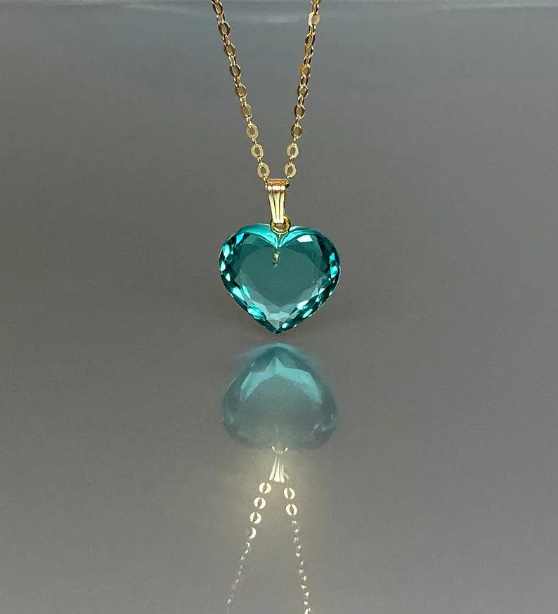 14K Gold Paraiba Tourmaline Heart Necklace, Heart Pendant Necklace, Paraiba Tourmaline Jewelry Gift For Her.