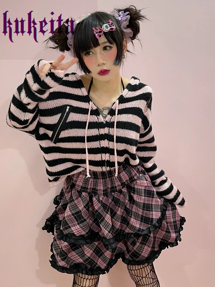 Gothic Lolita Cake Mini Skirts Y2k Harajuku Girls Pink Plaid Pleated Skirt Punk Sweet Lace Kawaii Women Skirts