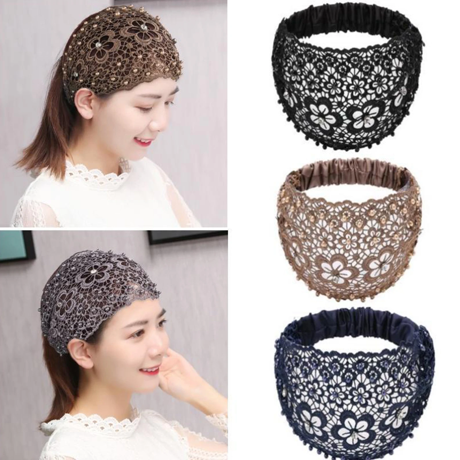 Lace Pearl Cut-Out Headband Ladies Wide Pullover Headband for Hair Styling Accessories