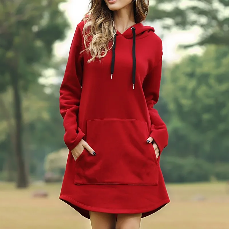 Women Fashion Hoodies Dress Spring Solid Big Pocket Sweatshirt Korean Pop Hoody Casual Long Tops Oversized Pullover