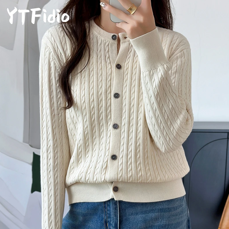 YTFidio 100% cotone donna O-Collo fiore intrecciato cardigan solido abbigliamento firmato di lusso donna pullover top femminili 392