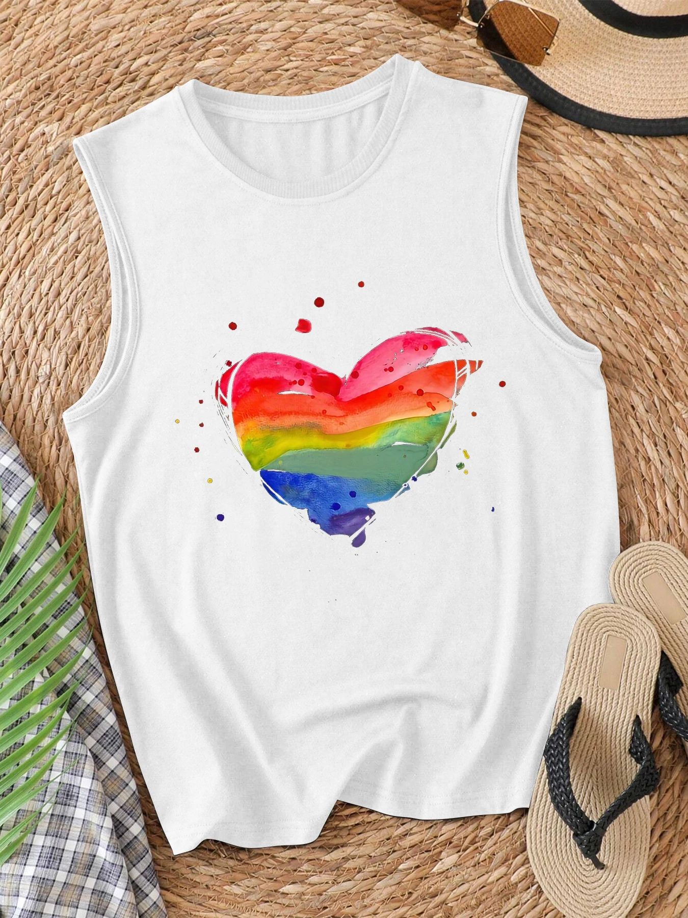 Heart Print Tank Top Sleeveless Casual Top For Summer & Spring Women's Clothing