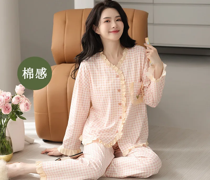 Korean Version Plaid Pajamas Women's Autumn Winter Long Sleeved Home Wear Two-Piece Set Student Cardigan Pant Suit Pijama Mujer