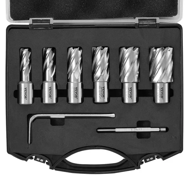 

Annular Cutter Set, 6 pcs, 1/2' to 1-1/16' Dia, 1' Depth, M2AL HSS, with Pilot Pin & Case