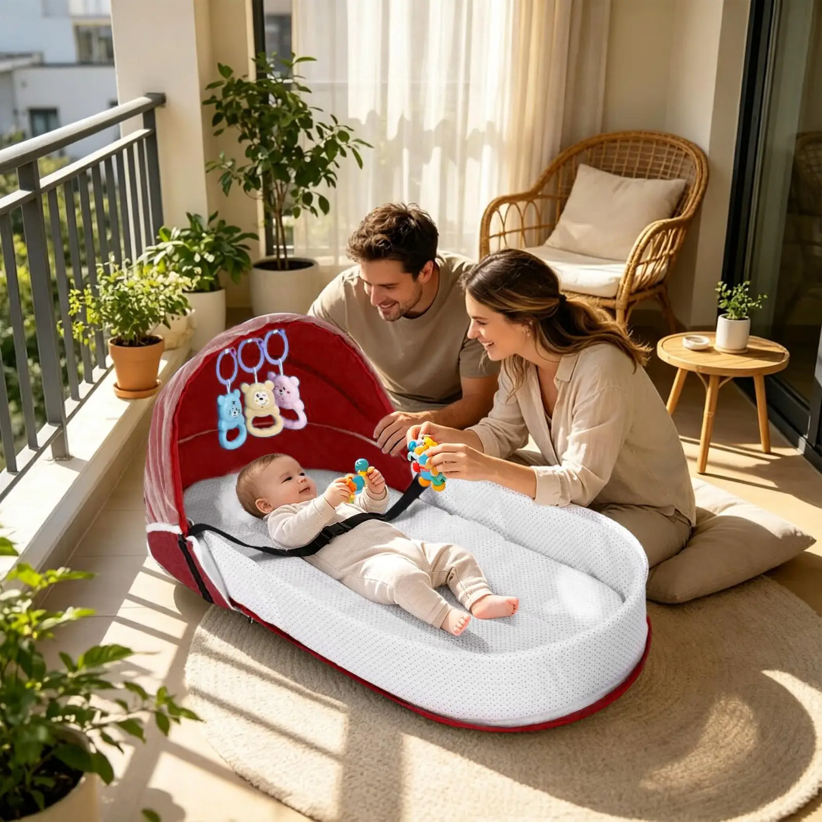 Travel Kid Bed Foldable Breathable Sleeping Crib with Sunshade Portable Kid Travel Bed for Camping Airplane Car Floor Bedside
