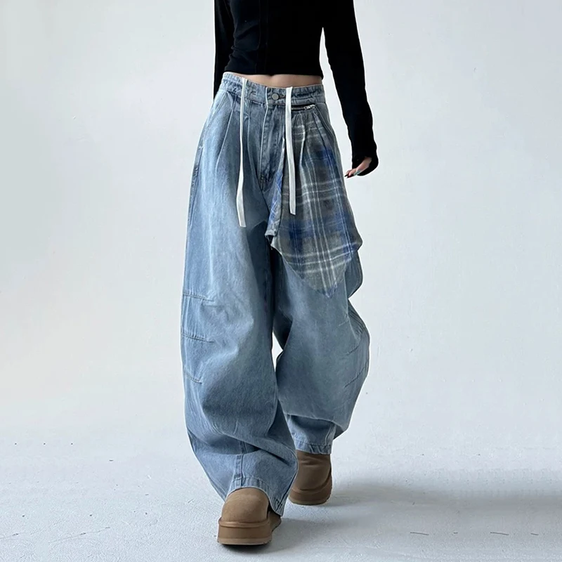 Retro Street Dance Checkered Handkerchief Jeans Women Y2K Harajuku Chic Loose Casual High Waist Wide Leg Denim Pants 2025 New