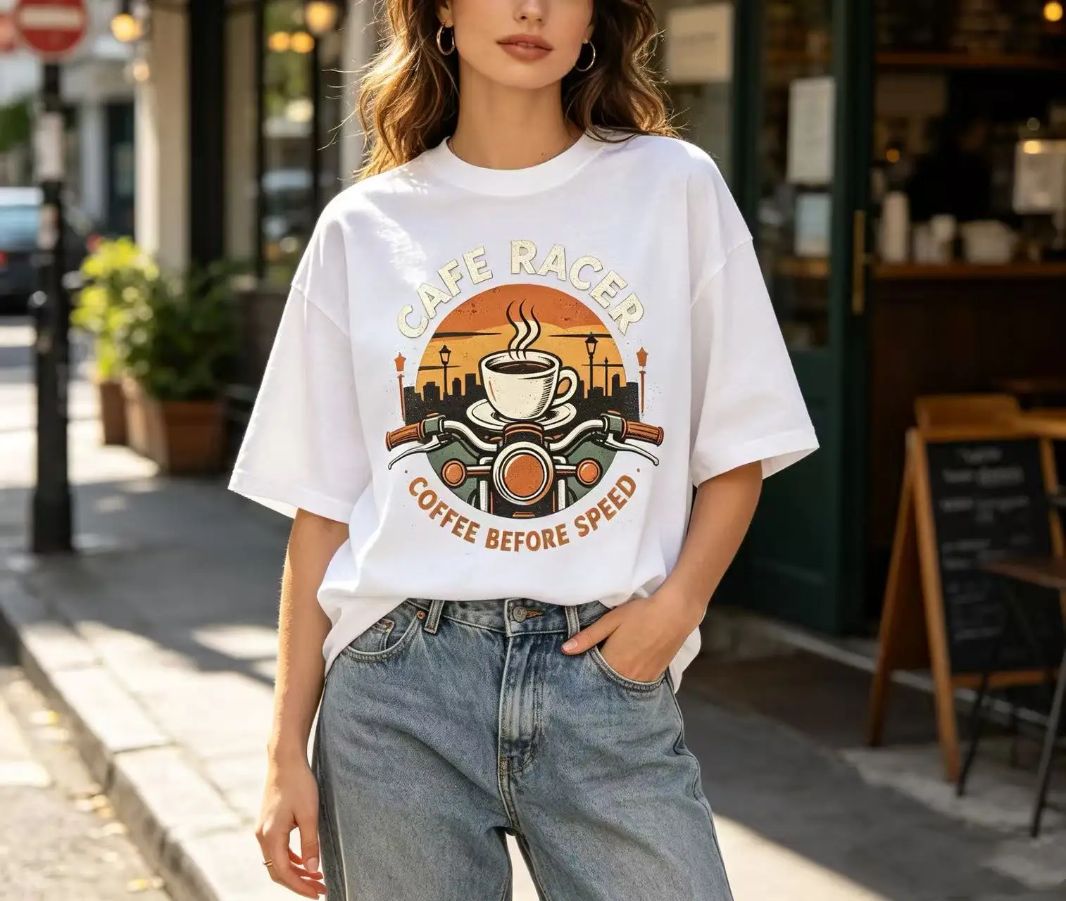 Unisex Cafe Racer Coffee Before Speed Retro Motorcycle Coffee Cup City Skyline Graphic T Shirt Men Women Biker Lover Print Oversized Tee