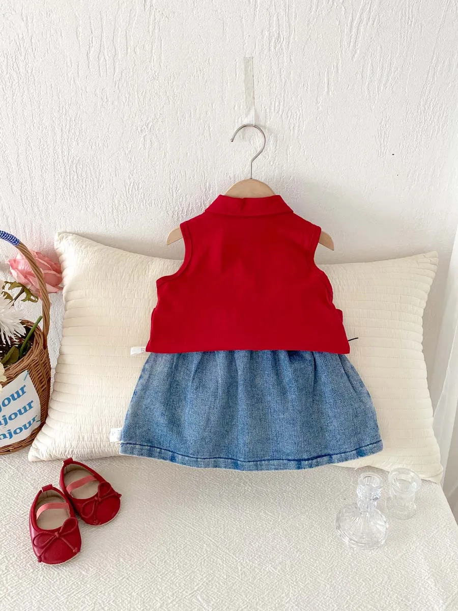 Korean summer girls lapel polo sleeveless top Denim skirt 2 suit, girls sweet and cute 2 suit, very suitable for going out