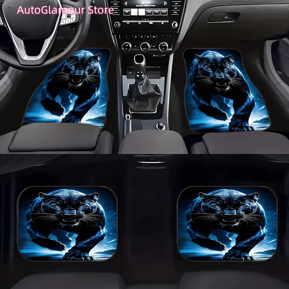Set of 4 Black Panther Night Runner Car Mats, Universal Anti-Slip And Dustproof Front And Rear Carpet Additions