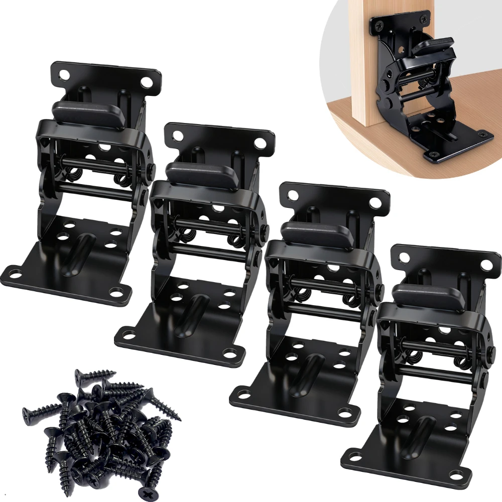 4Pcs Foldable Bracket Folding Locking Hinge Lock Extension Support Bracket Self-Lock Hinge with Screws for Table Bed Leg Feet