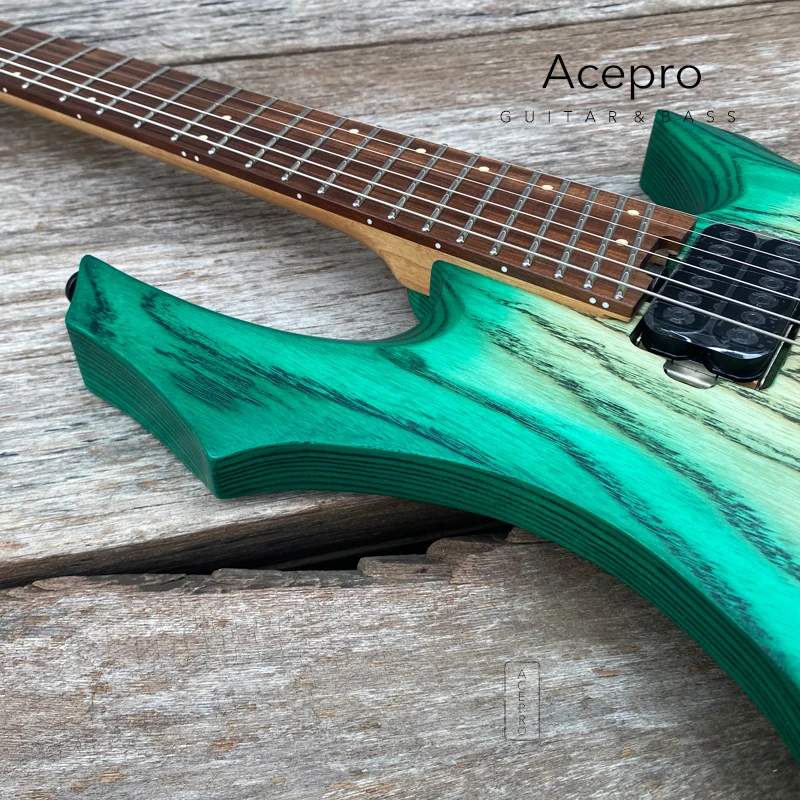 Pro Headless Electric Guitar, Green Burst Ash Body, Jumbo Stainless Steel Oblique Frets, Roasted Maple Neck, Color Customizable