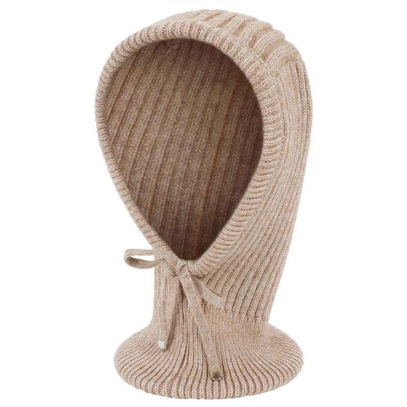 Women Windproof Hooded Scarf Hats Skullies Solid Color Knitted Pullover Drawstring Balaclava Winter Warm Hat Beanie Cap