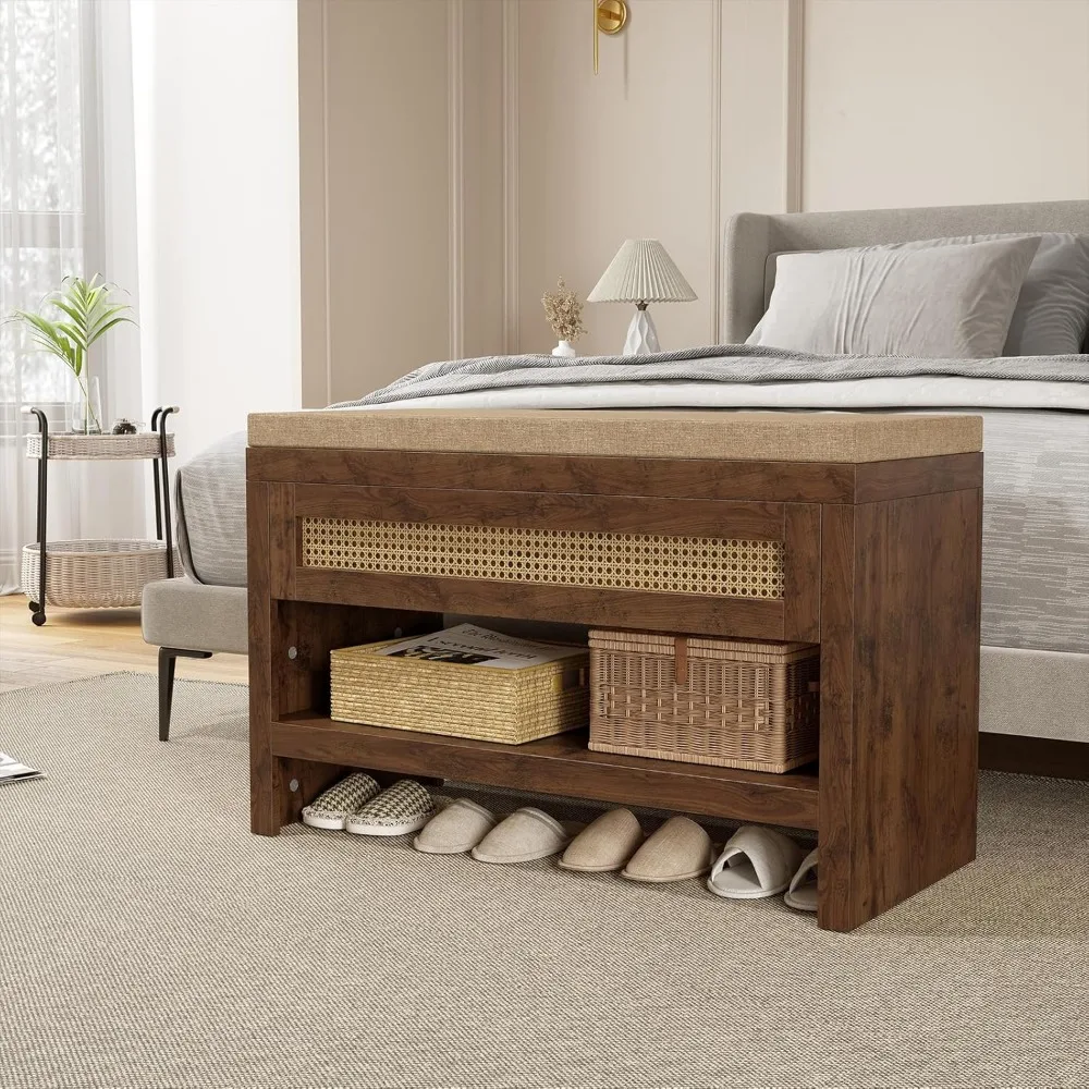 مقعد تخزين أحذية الروطان المبطن، درج ورف مزرعة مقاس 31 بوصة، مقعد منظم مدخل خشبي