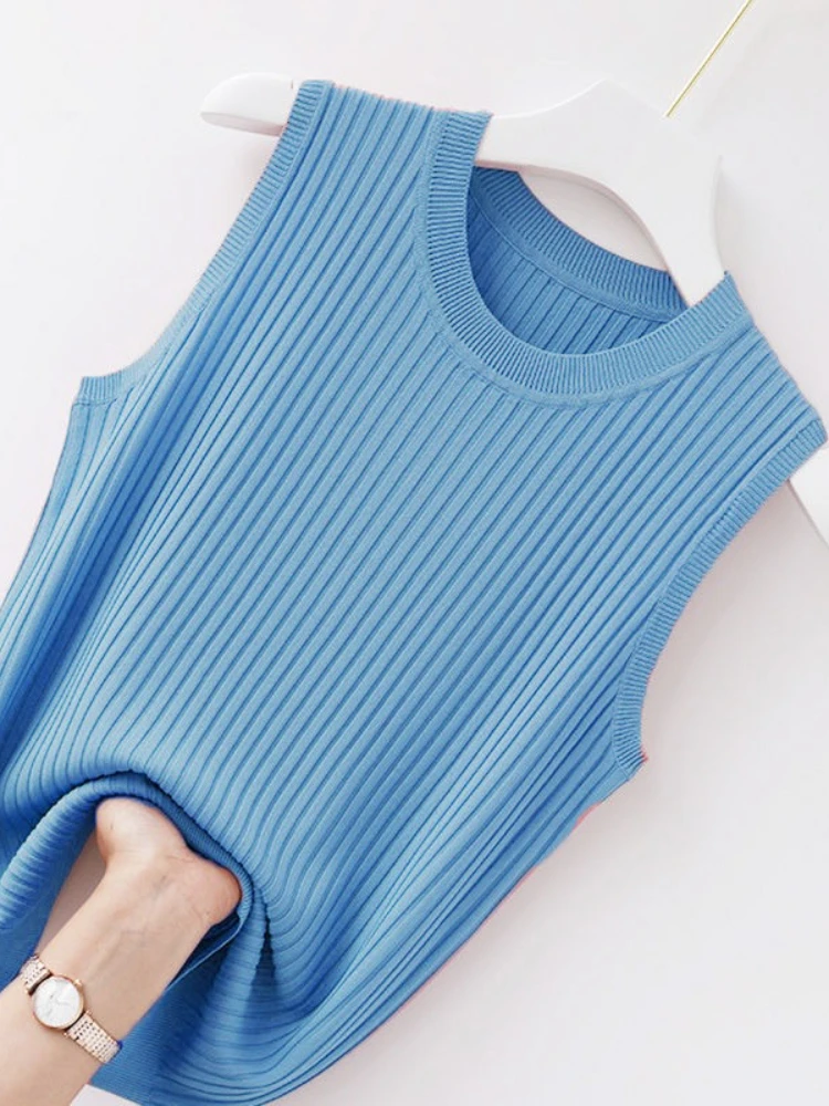 قميص قصير نسائي مريح بلون سادة لعام 2025، قميص صيفي محبوك أبيض قصير بدون أكمام #3