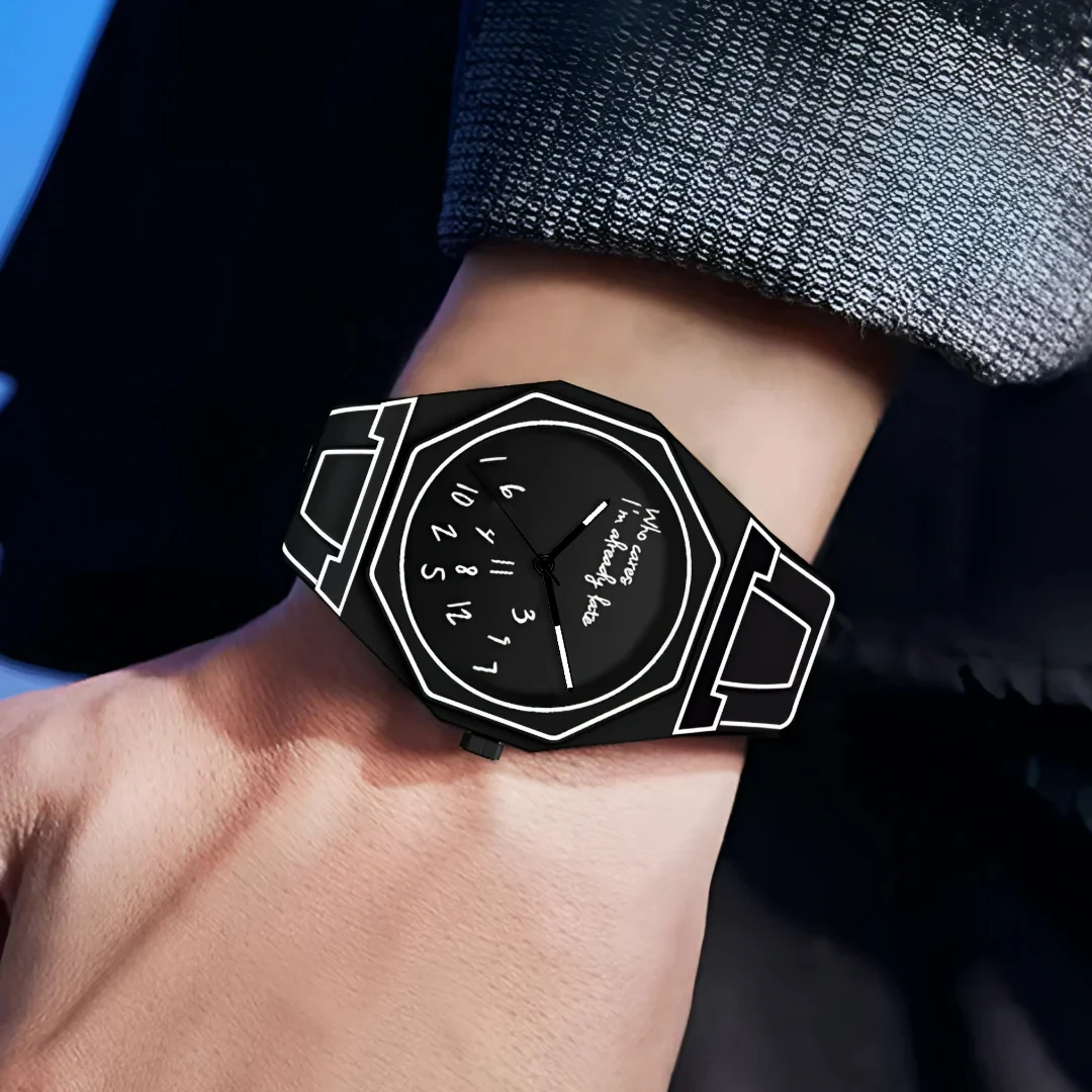 Comic Style Quartz Horloge Heren Achthoekig Digitaal Wijzerplaat Horloge Waterdicht Siliconen Band Quartz Horloge Heren Geschenkdoos Horlogeset